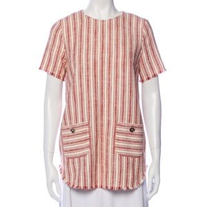 Rachel Zoe short sleeve Striped linen blend tunic Top frayed hem crew neck